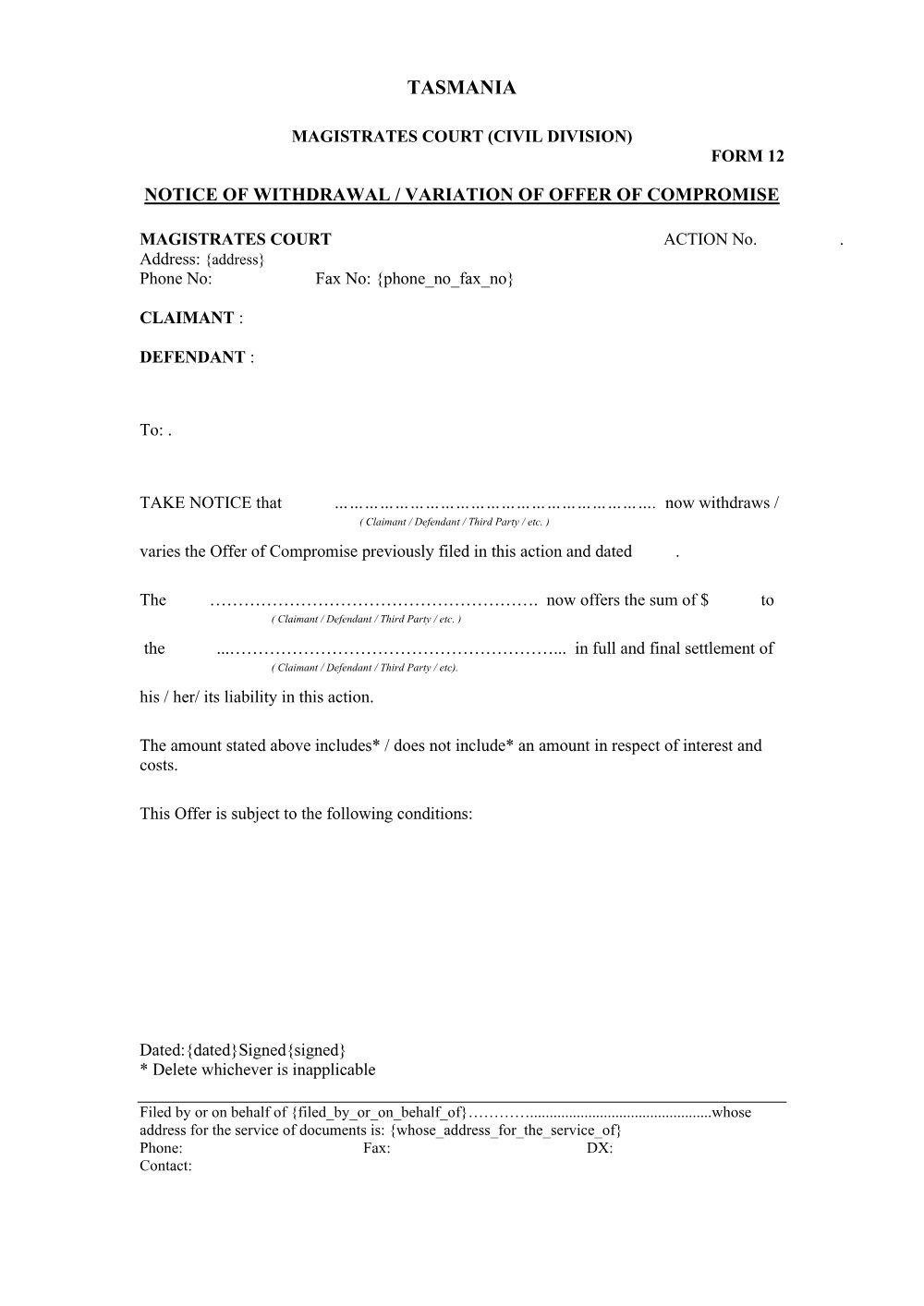 Preview of the first page of Withdrawal or Variation of Offer (Form 12)