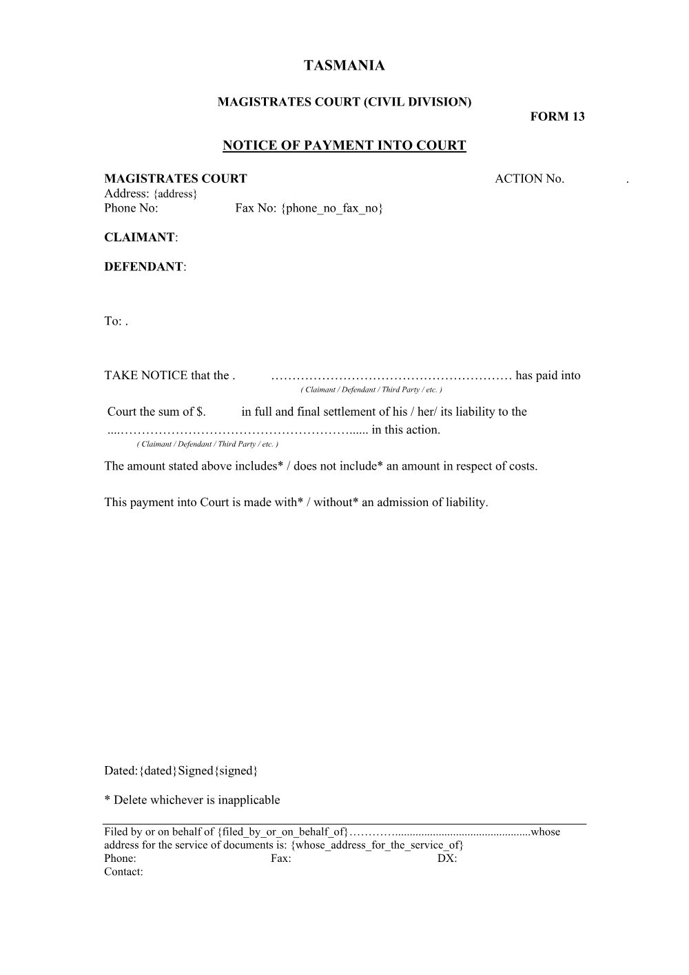 Preview of the first page of Payment into Court (Form 13)