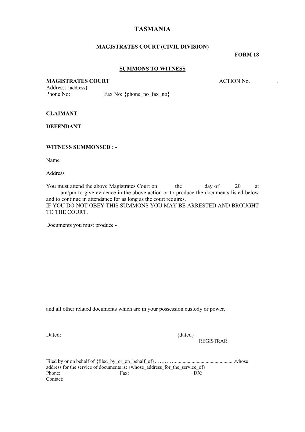 Preview of the first page of Summons to Witness (Form 18)