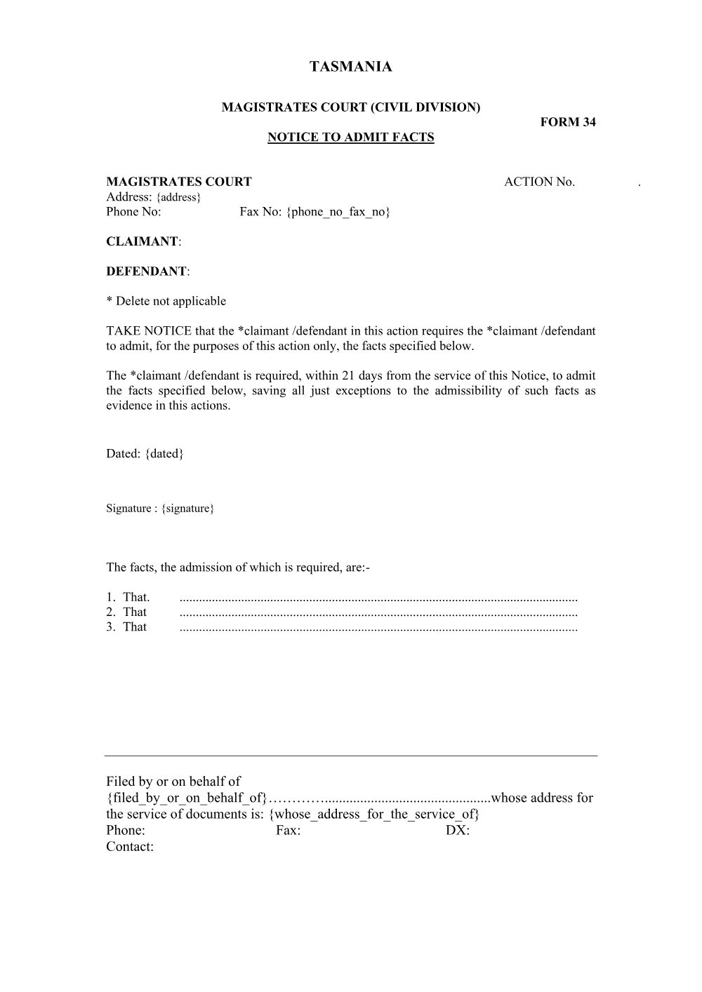 Preview of the first page of Notice to Admit Facts (Form 34)