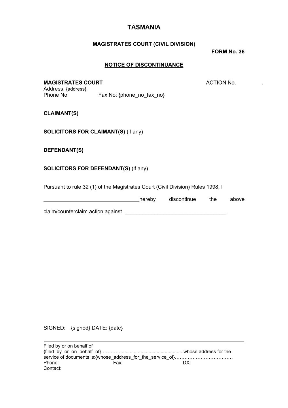 Preview of the first page of Notice of Discontinuance (Form 36)