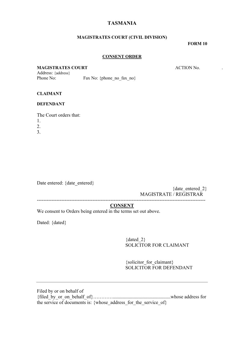 Preview of the first page of Consent Order (Form 10)