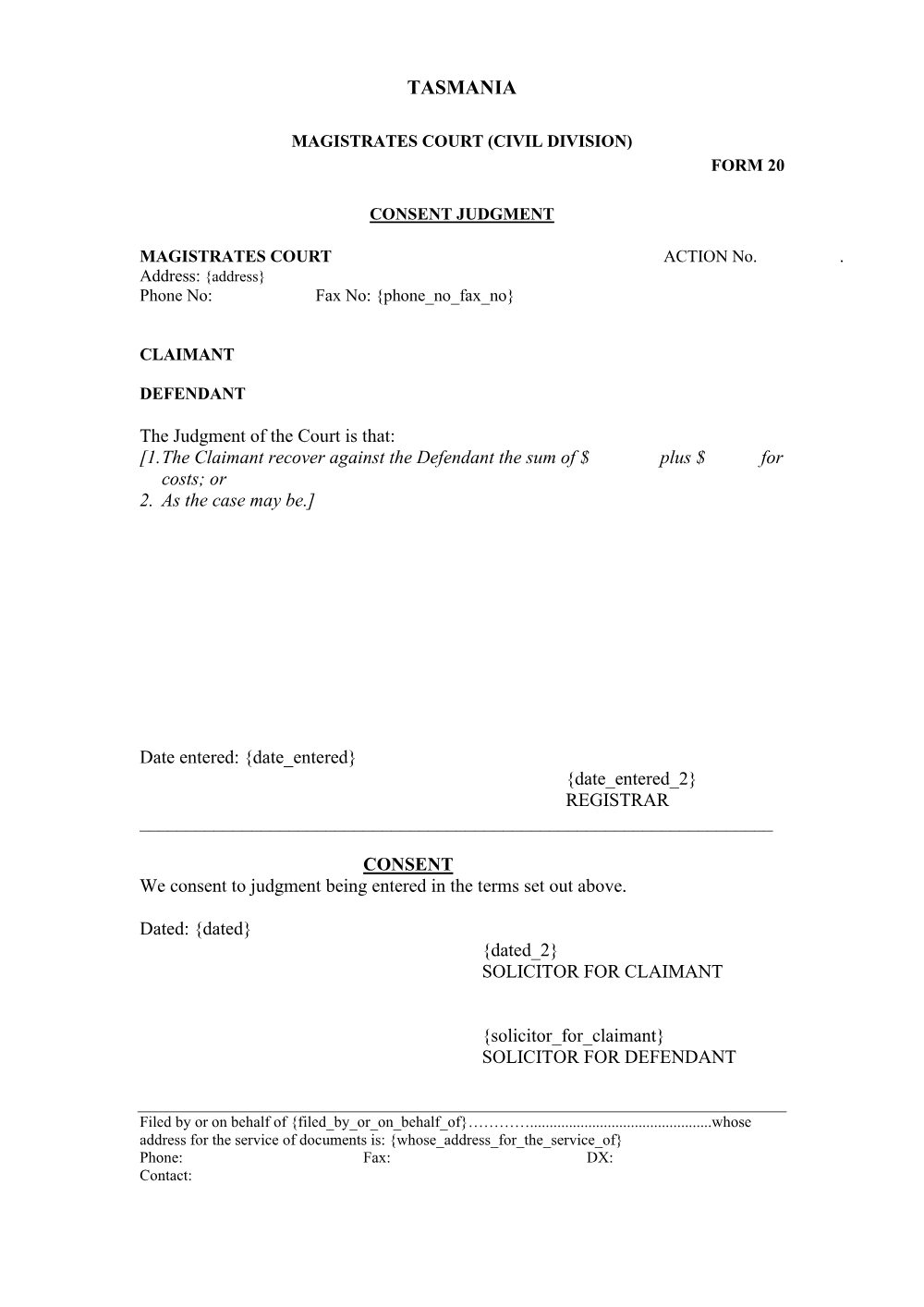 Preview of the first page of Consent Judgement (Form 20)