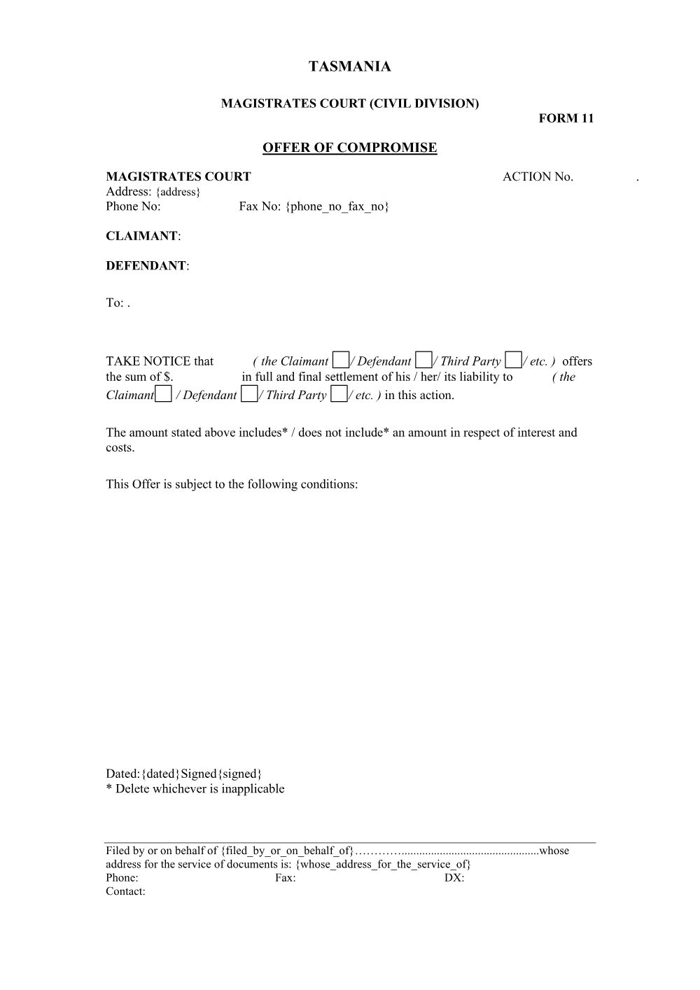 Preview of the first page of Offer of Compromise (Form 11)