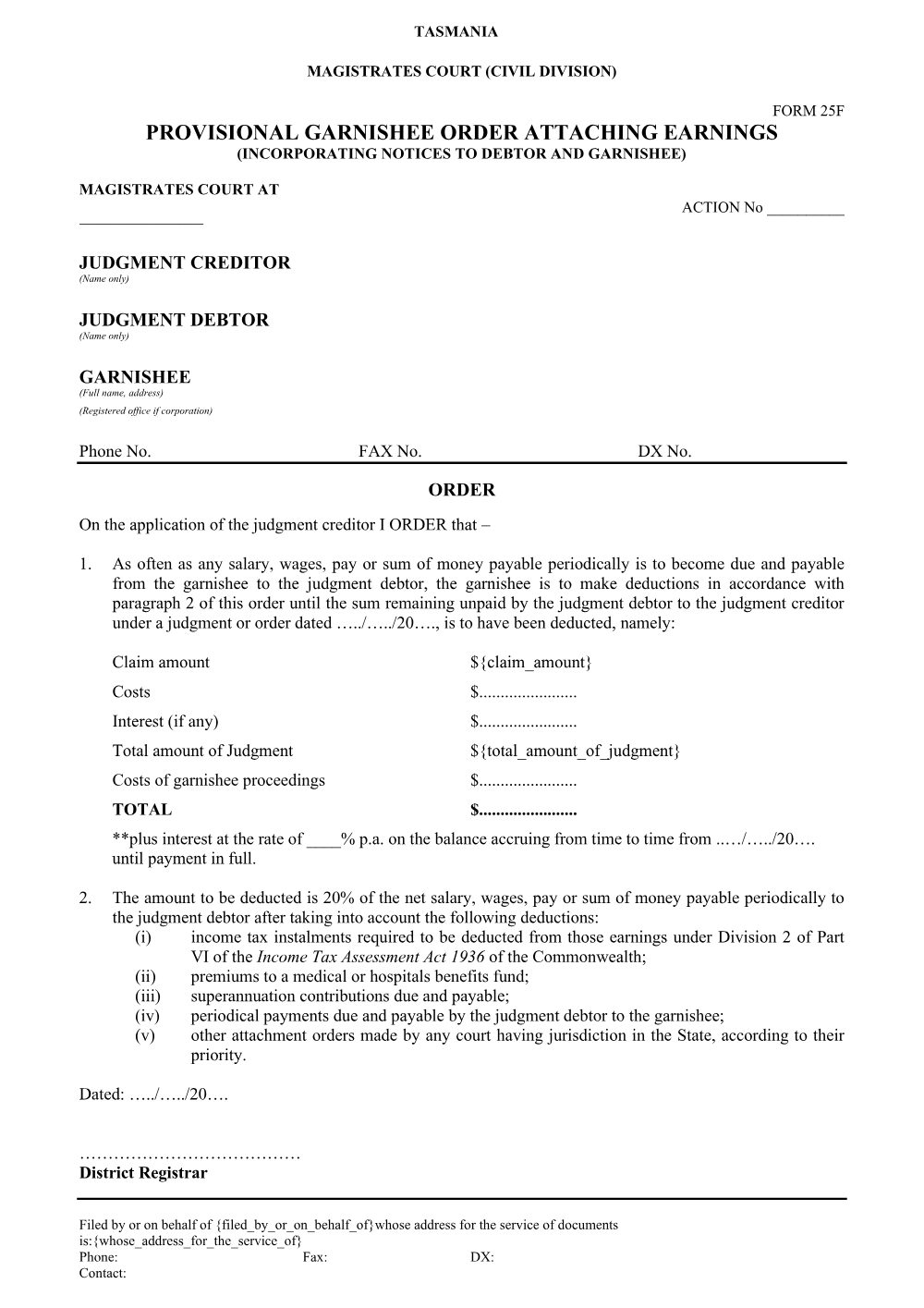 Preview of the first page of Provisional Garnishee Order Attaching Earnings (Form 25F)