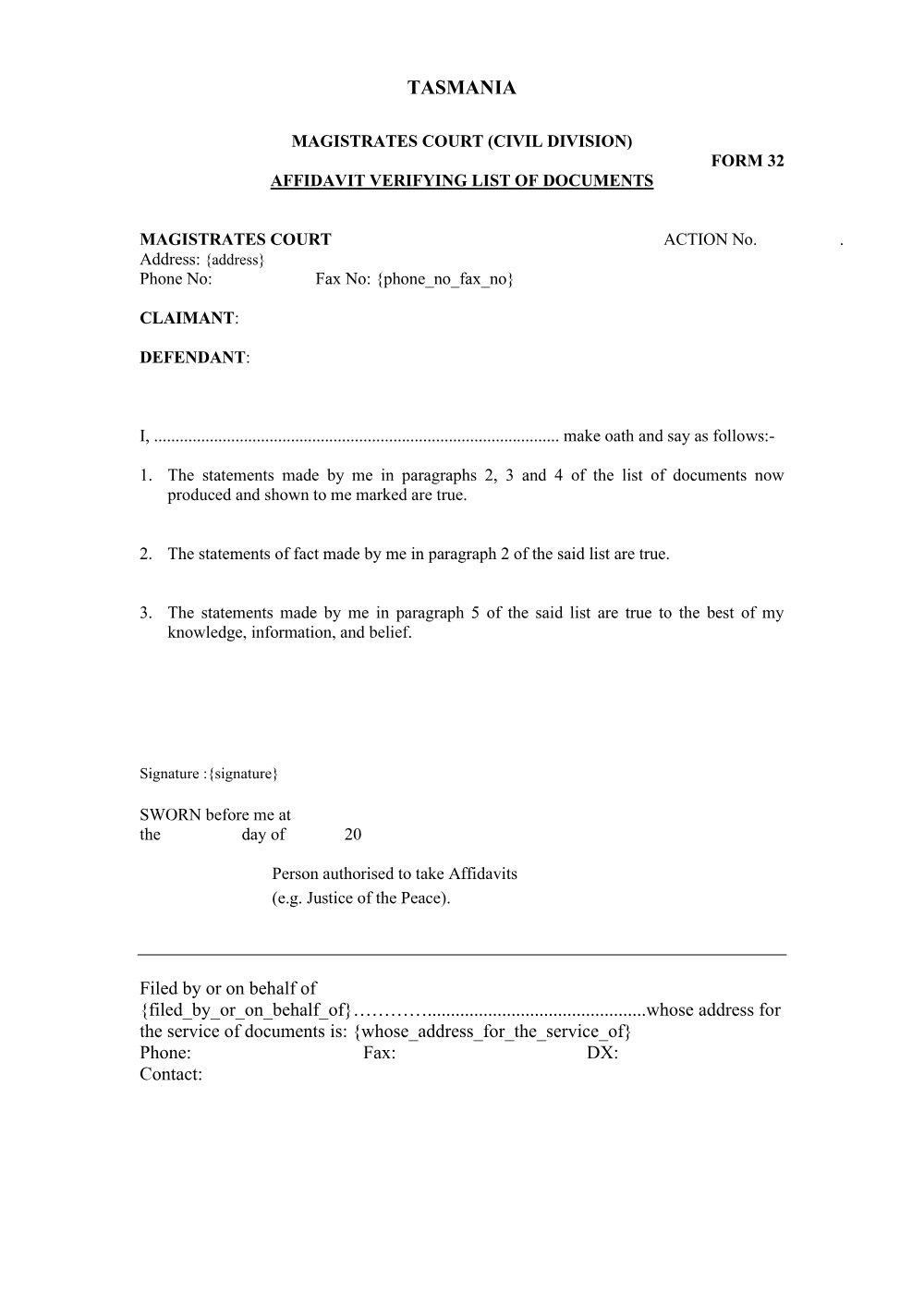 Preview of the first page of Affidavit Verifying List of Documents (Form 32)