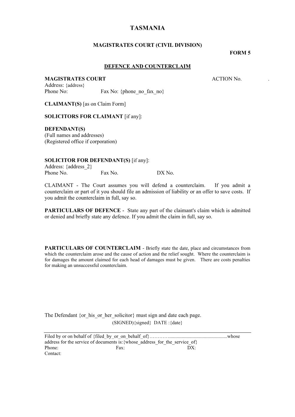 Preview of the first page of Defence and Counterclaim (Form 5)