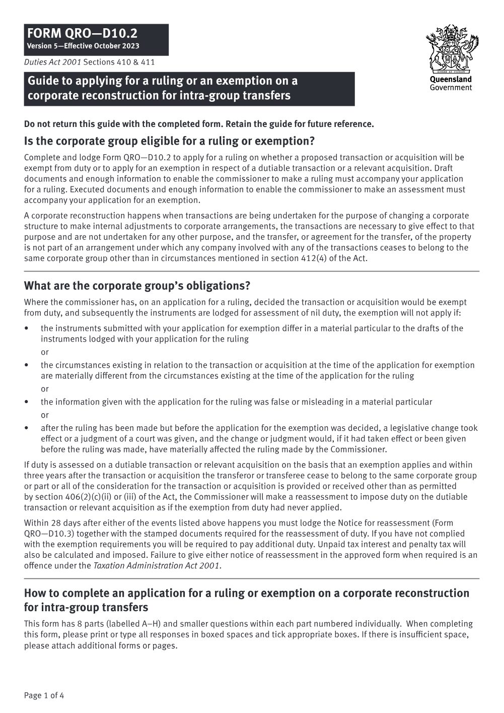 Preview of the first page of Corporate reconstruction - Intra group transfer (Form D10.2)
