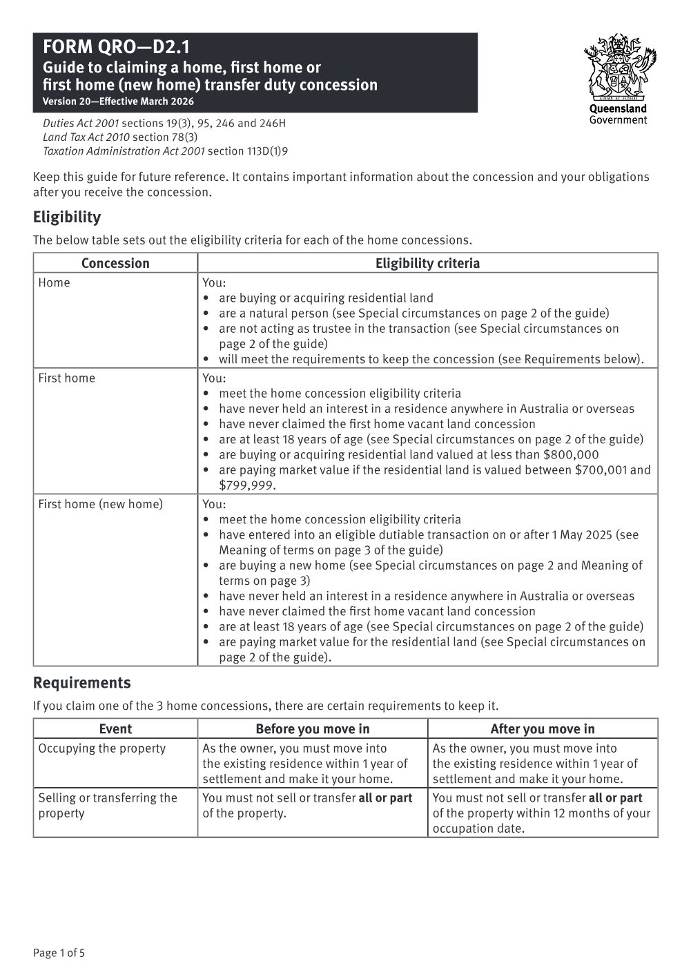 Preview of the first page of Claim a home, first home or first home (new home) transfer duty concession (Form D2.1)