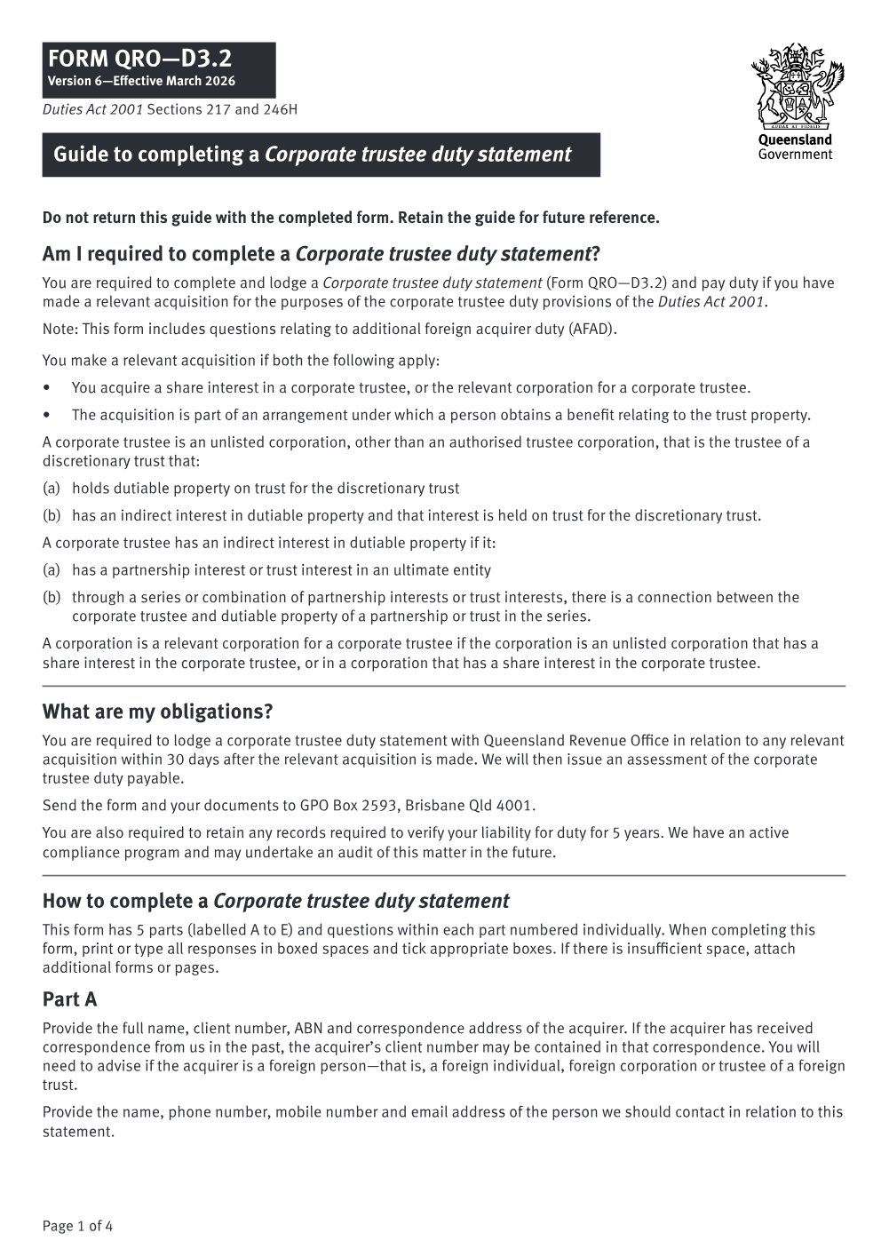 Preview of the first page of Corporate trustee duty statement (Form D3.2)