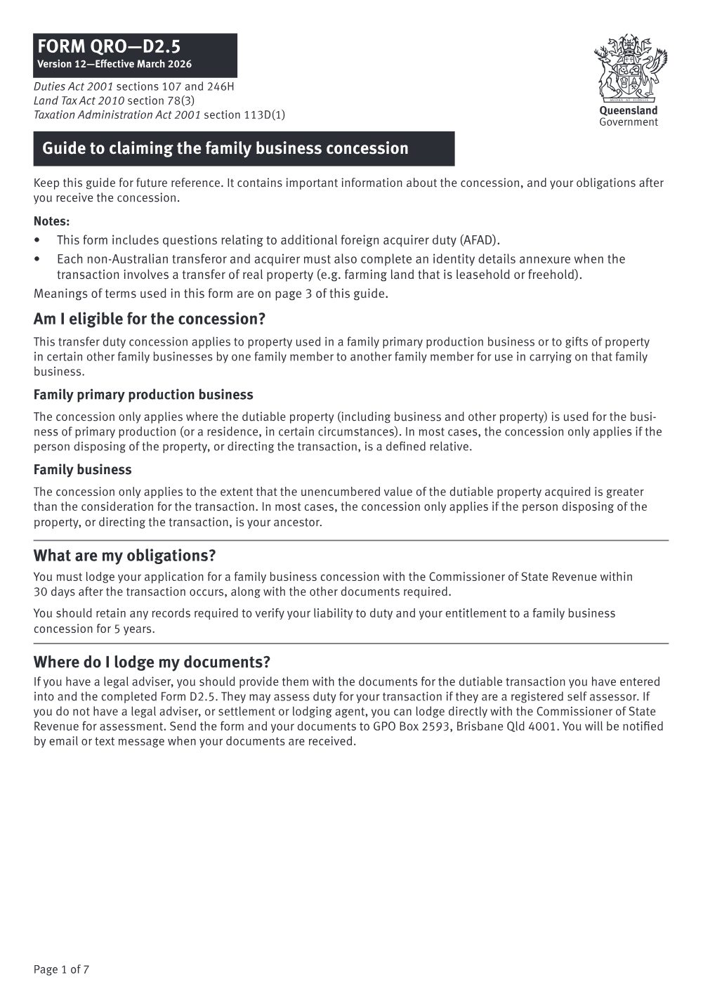 Preview of the first page of Family business concession (Form D2.5)