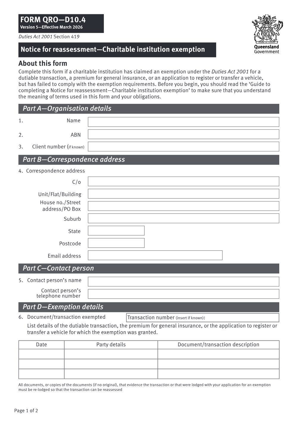 Preview of the first page of Notice for reassessment - Charitable institution exemption (Form D10.4)