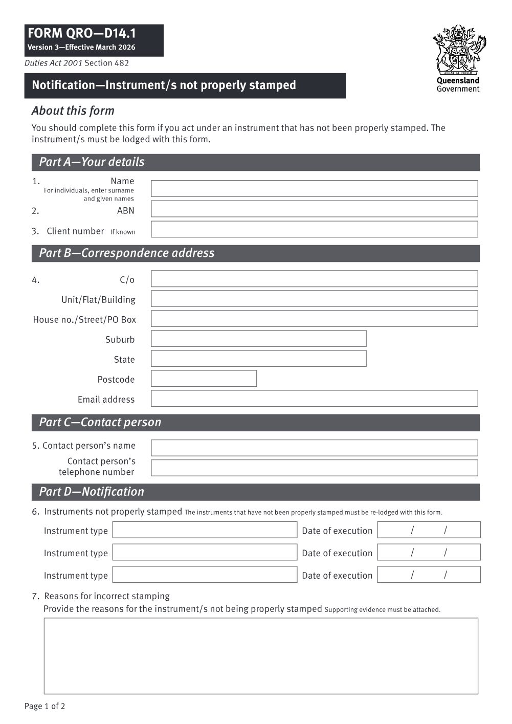 Preview of the first page of Notification - Instruments not properly stamped (Form D14.1)