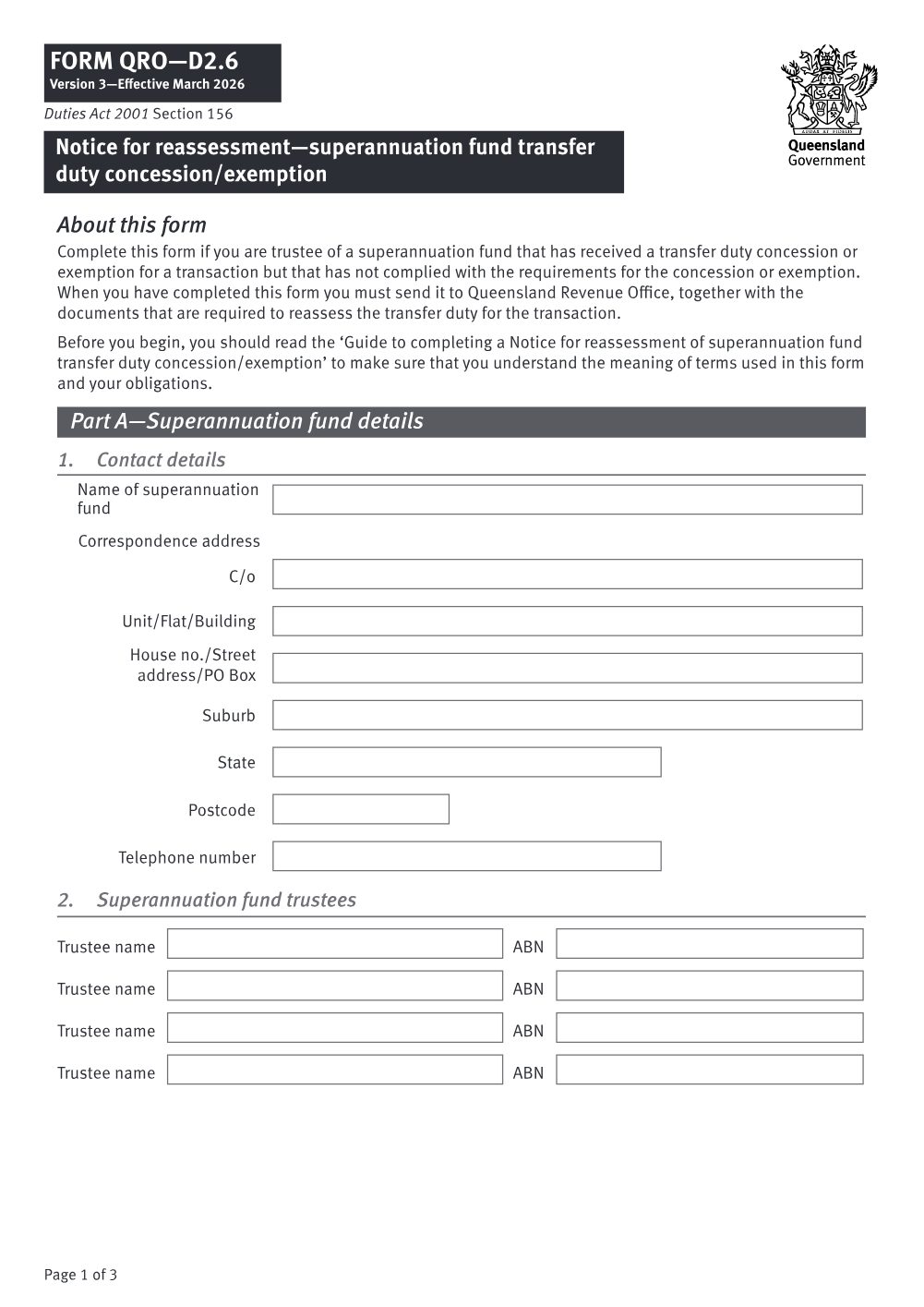 Preview of the first page of Notice for reassessment - superannuation fund transfer duty concession/exemption (Form D2.6)