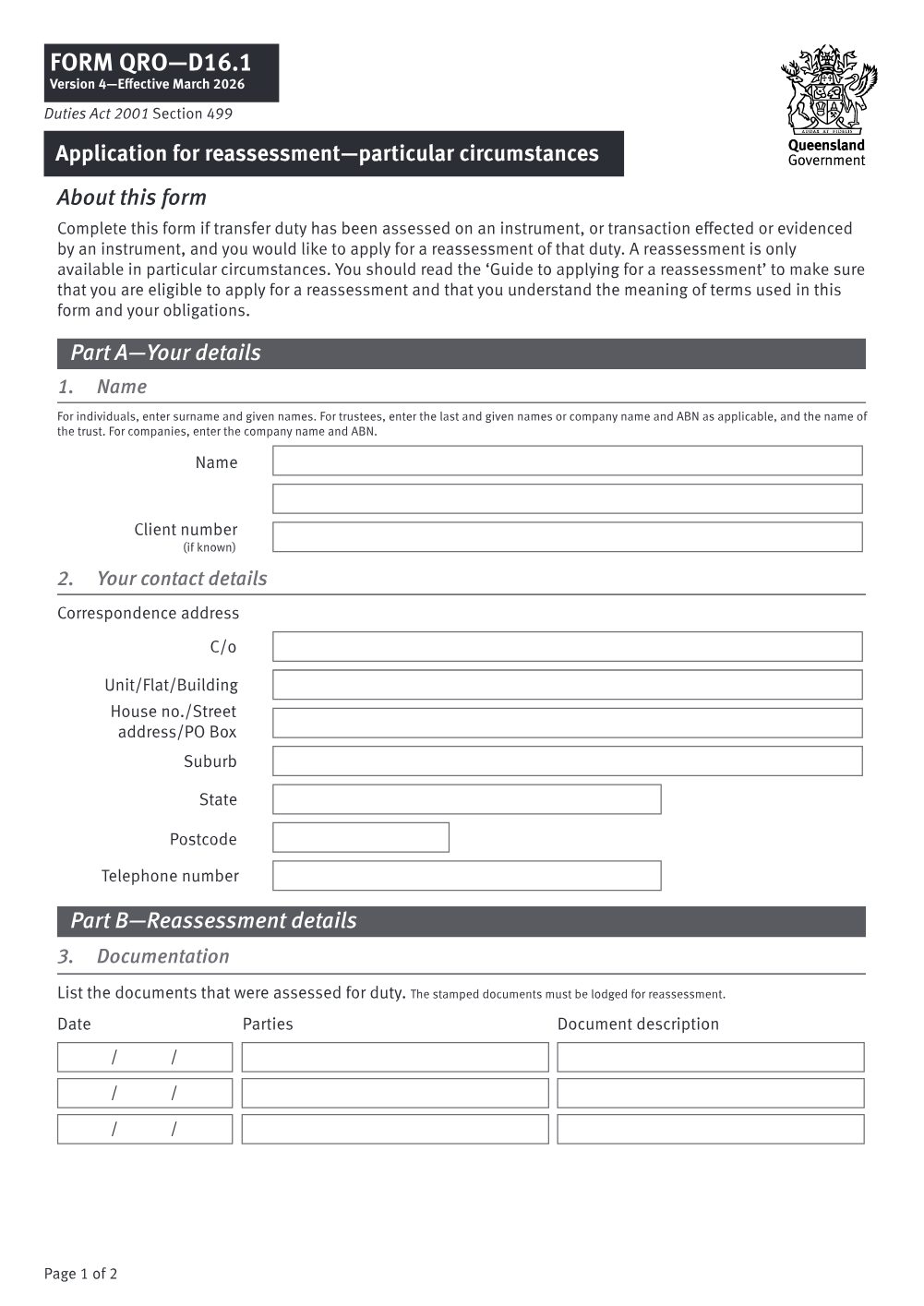 Preview of the first page of Notification for reassessment - particular circumstances (Form D16.1)