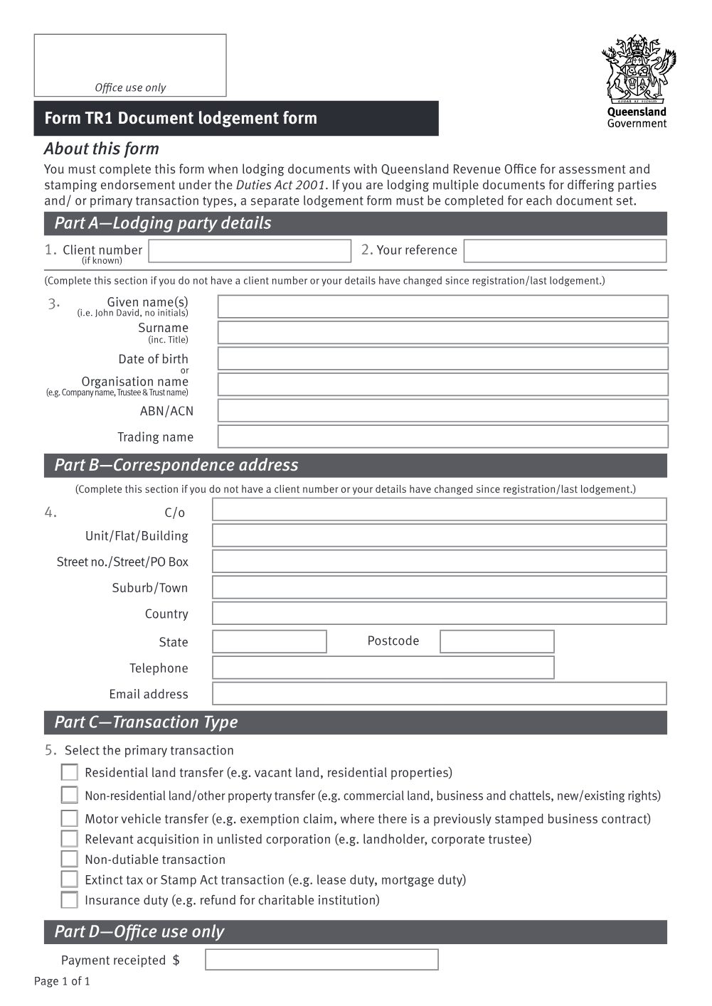 Preview of the first page of Document lodgement form (Form TR1)