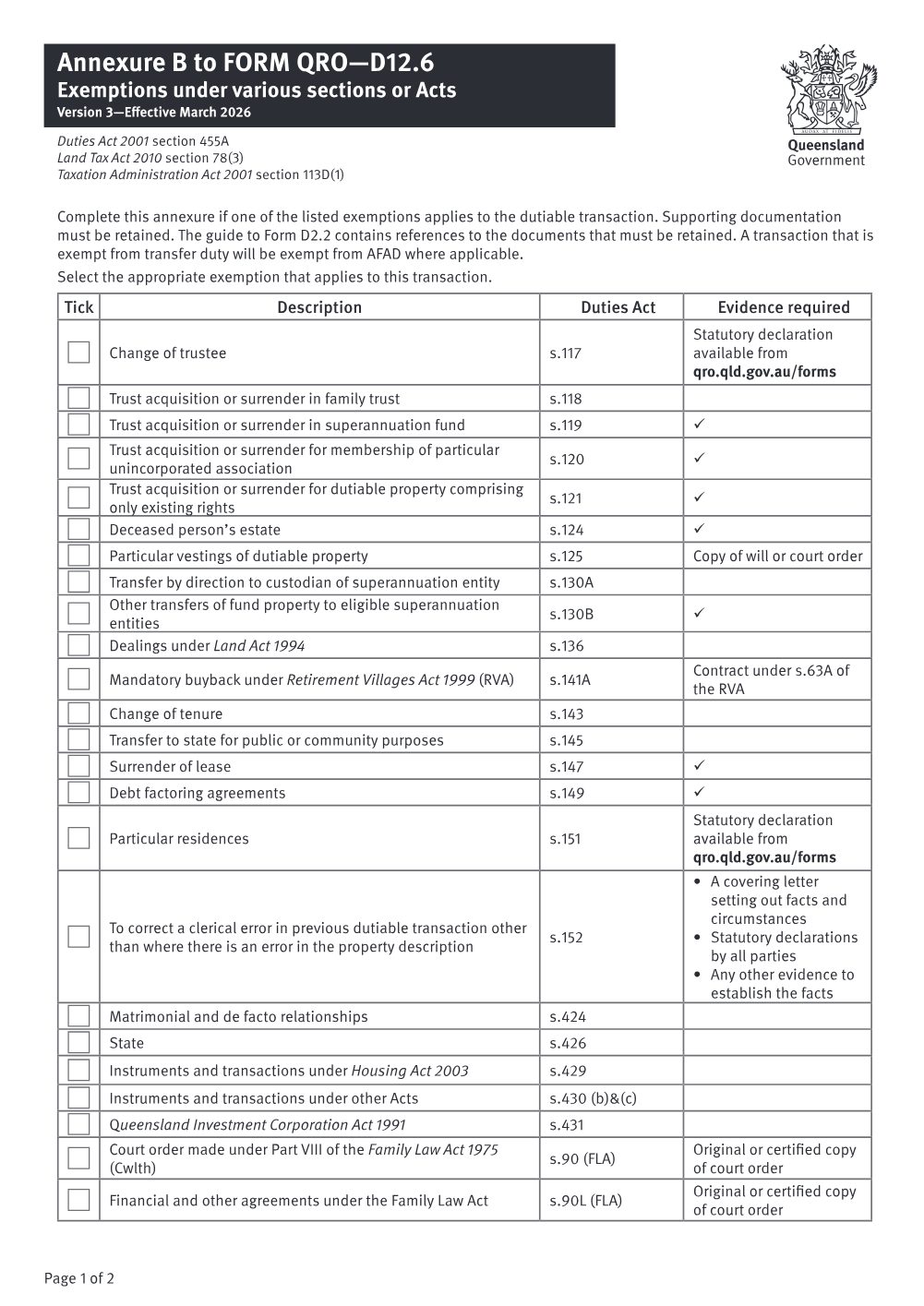 Preview of the first page of Annexure B to Form D12.6 (Exemption claimed) (Form D12.6 Annexure B)