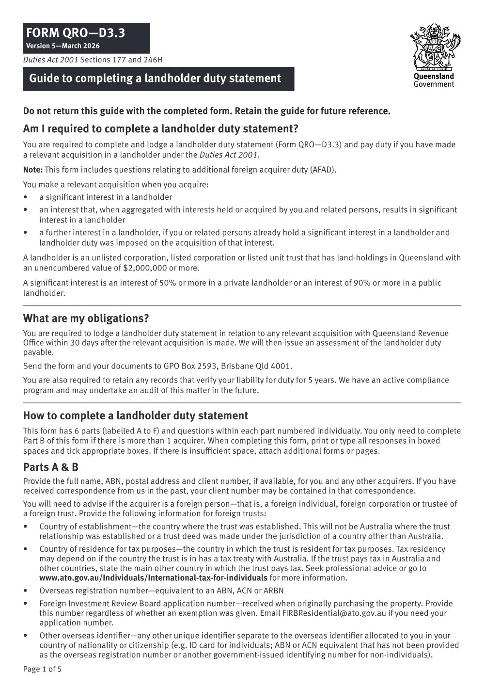 Preview of the first page of Landholder duty statement (Form D3.3)