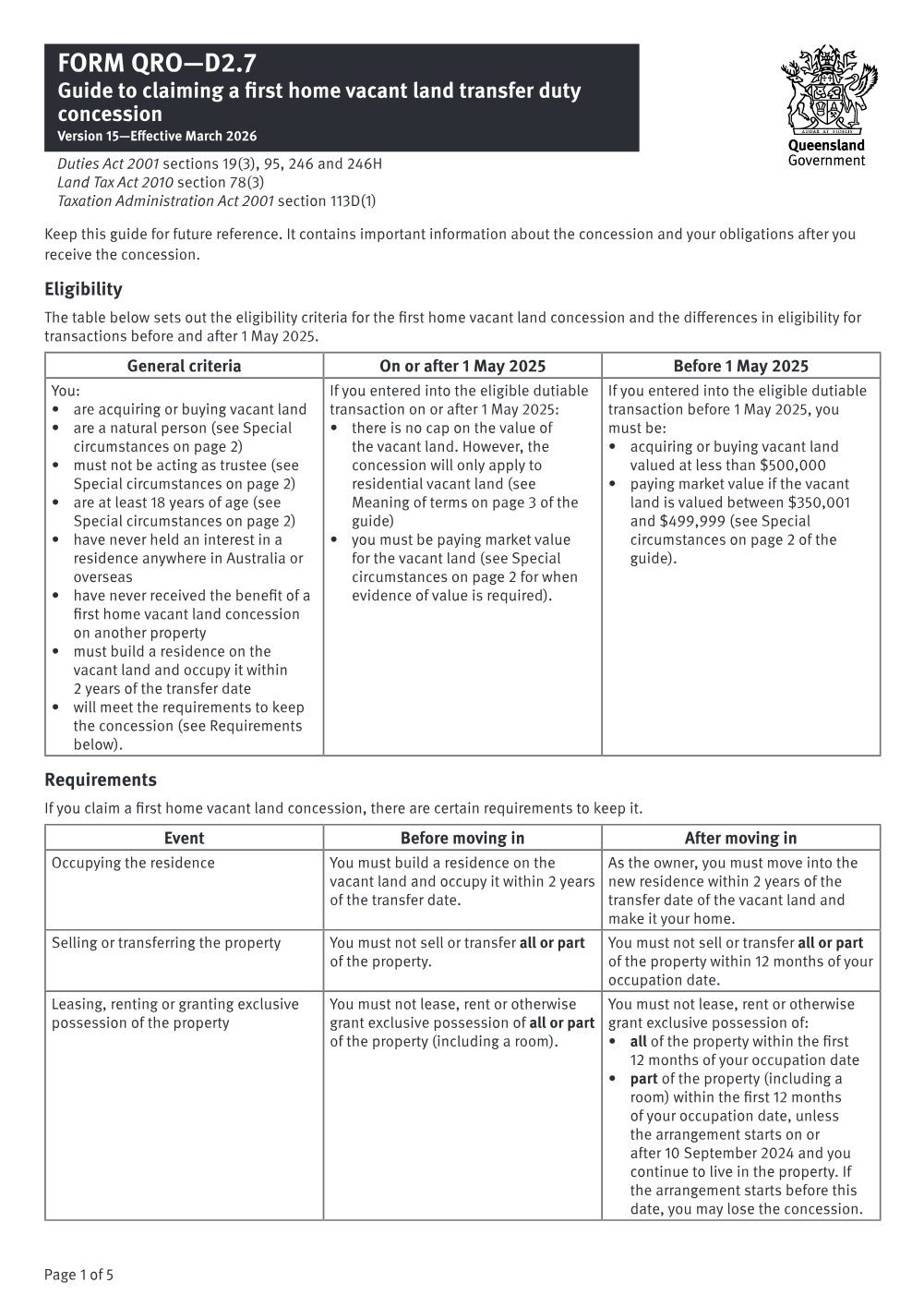 Preview of the first page of Claim a first home vacant land concession (Form D2.7)