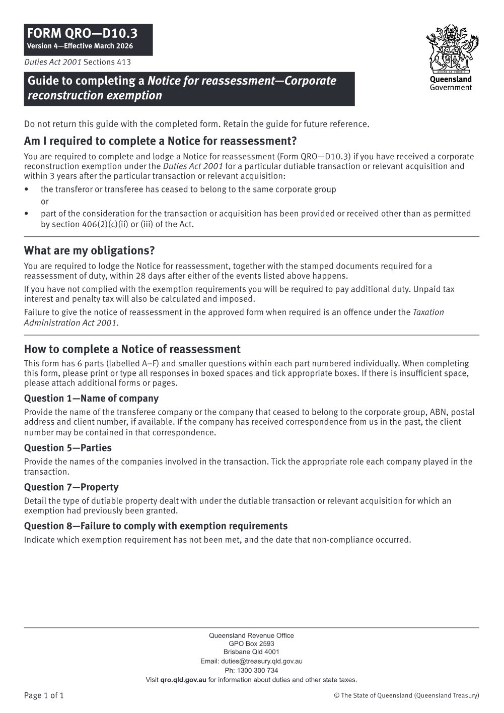 Preview of the first page of Notice for reassessment - Corporate reconstruction exemption (Form D10.3)