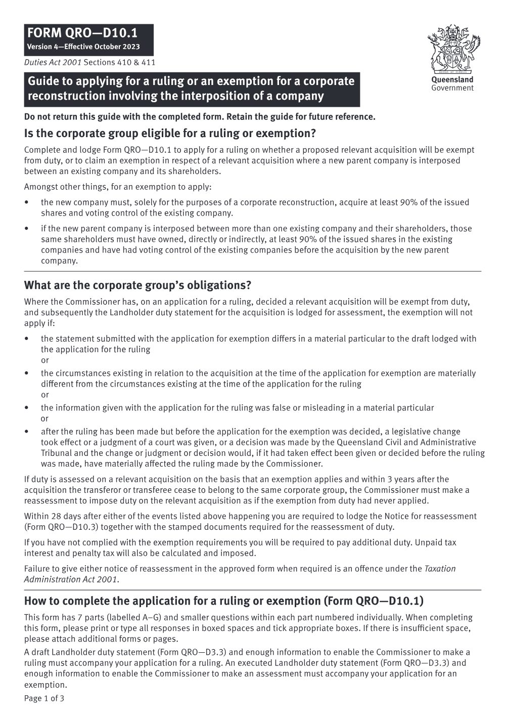 Preview of the first page of Corporate reconstruction - interposing company (Form D10.1)