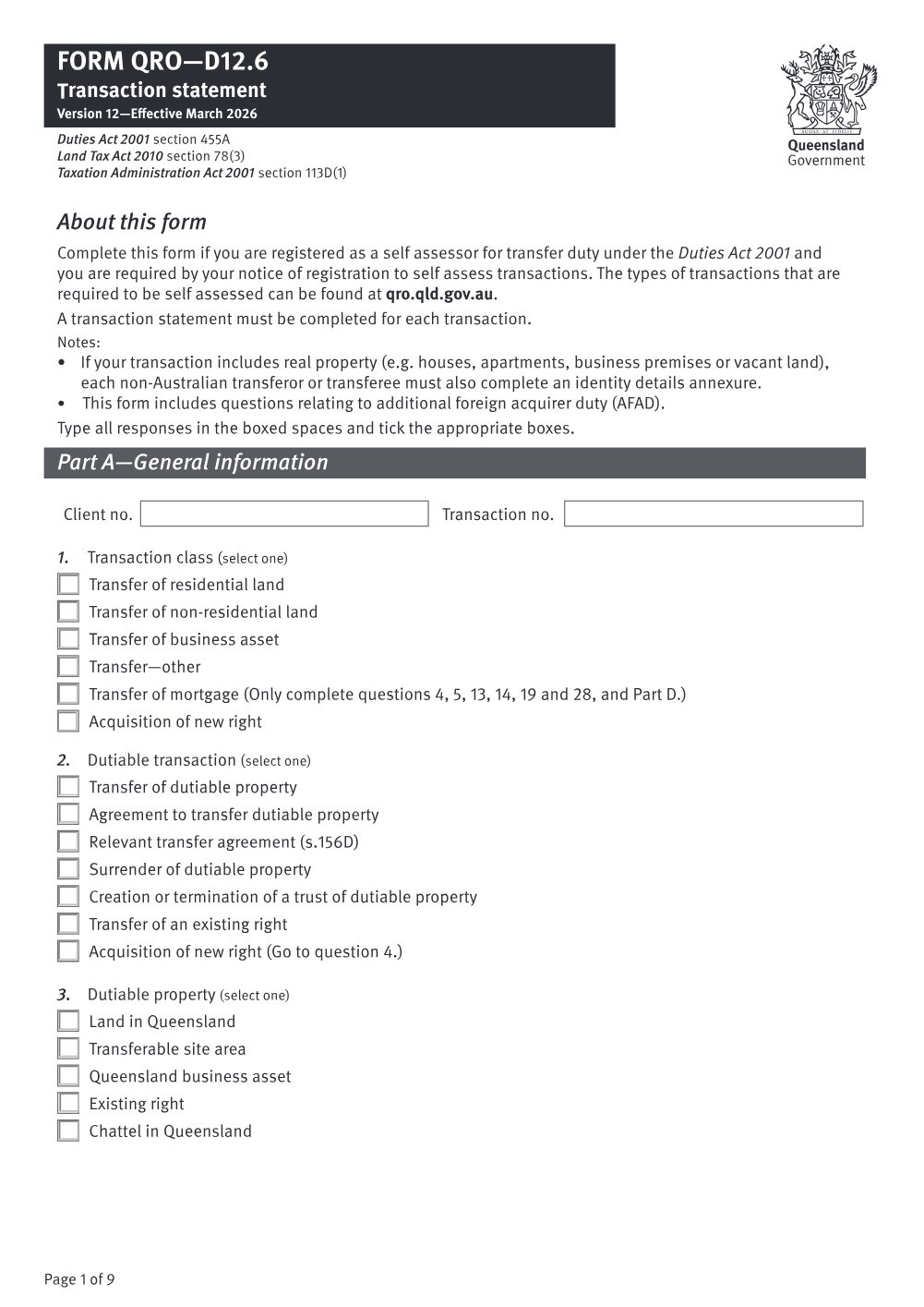 Preview of the first page of Transaction statement (Form D12.6)