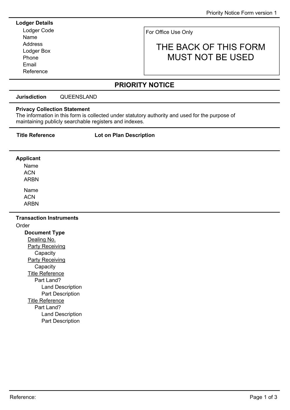 Preview of the first page of Priority notice (Form PNN)