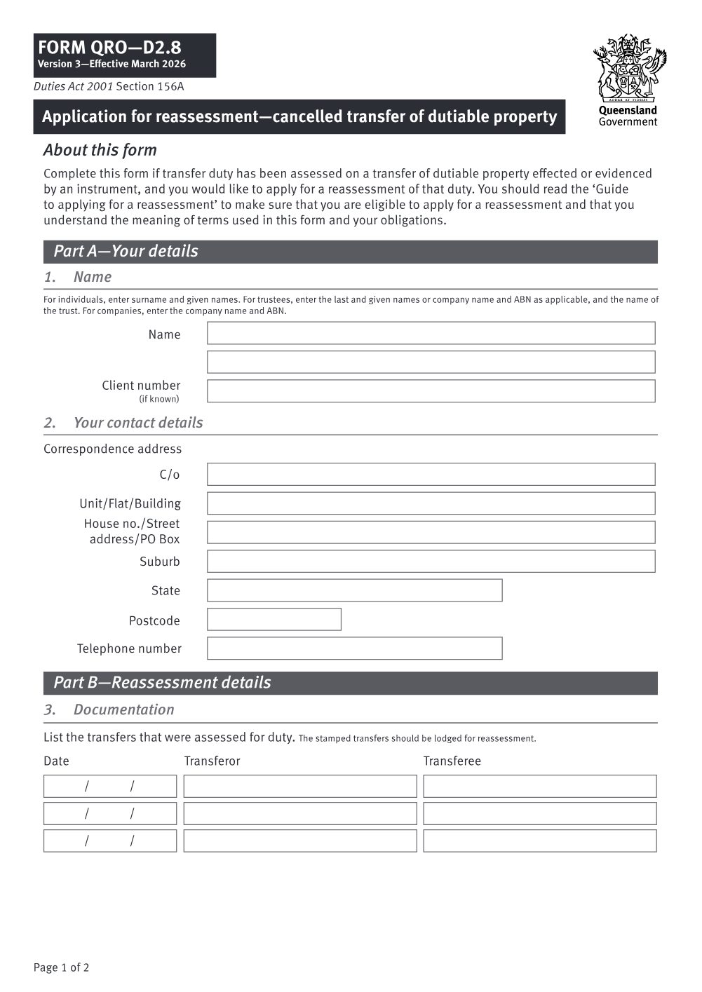 Preview of the first page of Application for reassessment - cancelled transfer of dutiable property (Form D2.8)