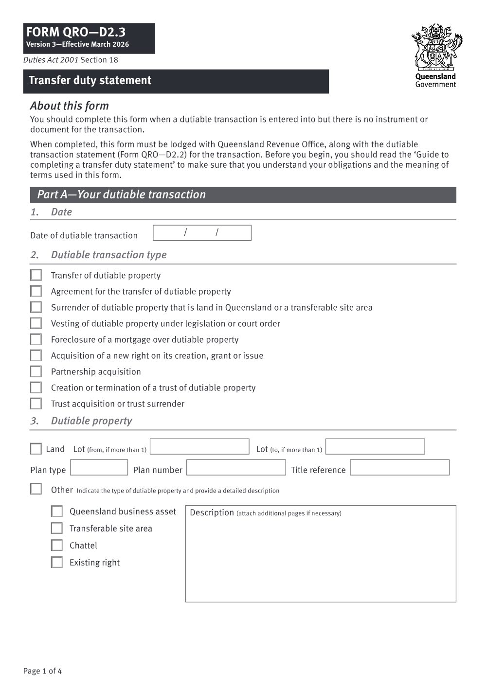 Preview of the first page of Transfer duty statement (Form D2.3)