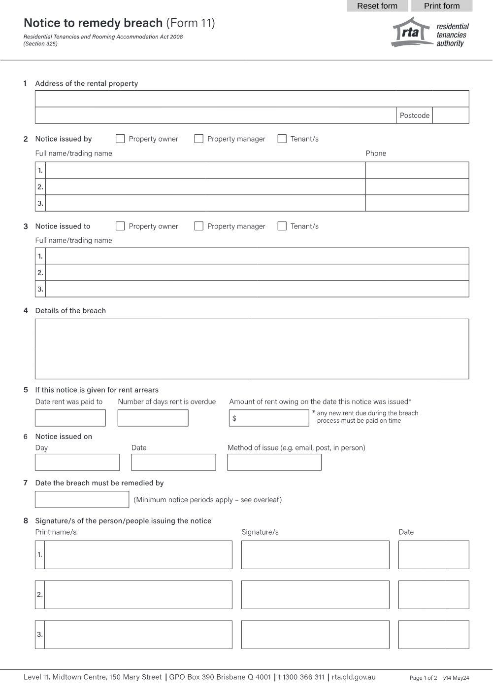 Preview of the first page of Notice to remedy breach (Form 11)
