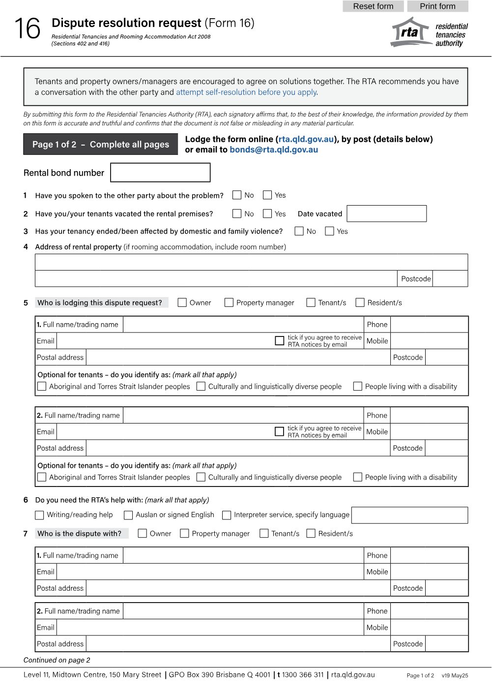 Preview of the first page of Dispute resolution request (Form 16)