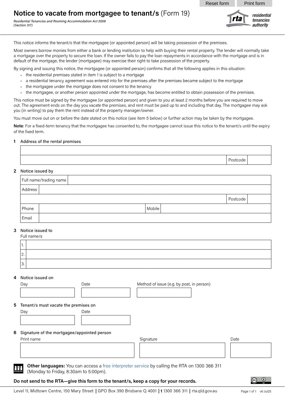 Preview of the first page of Notice to vacate from mortgagee to tenant (Form 19)