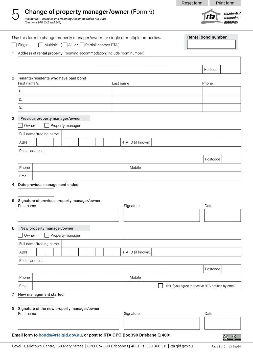 Preview of the first page of Change of property manager/owner (Form 5)