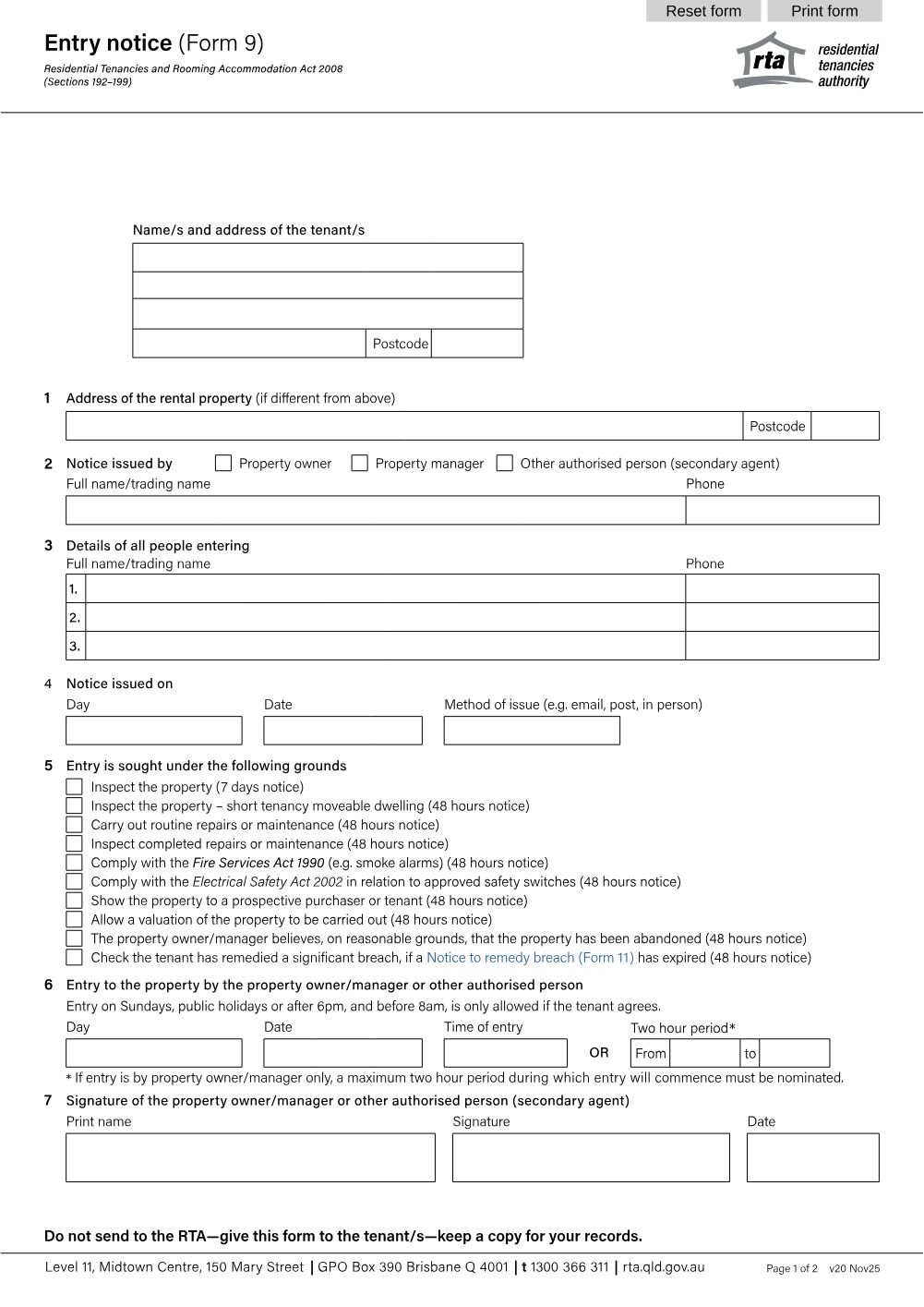 Preview of the first page of Entry notice (Form 9)