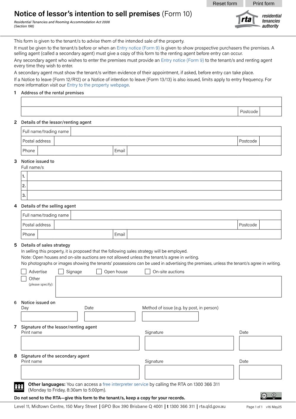 Preview of the first page of Notice of lessor's intention to sell premises (Form 10)