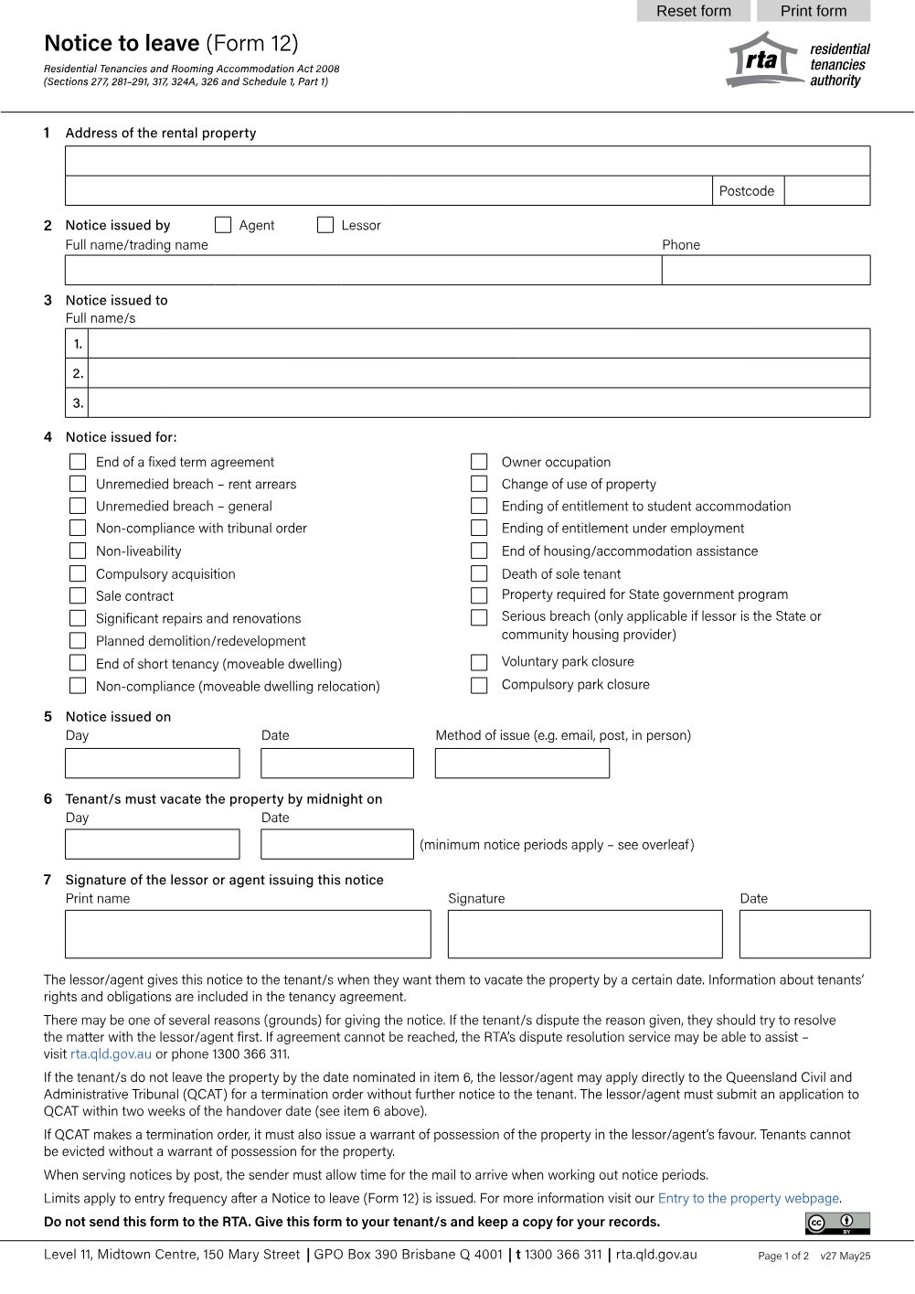 Preview of the first page of Notice to leave (Form 12)