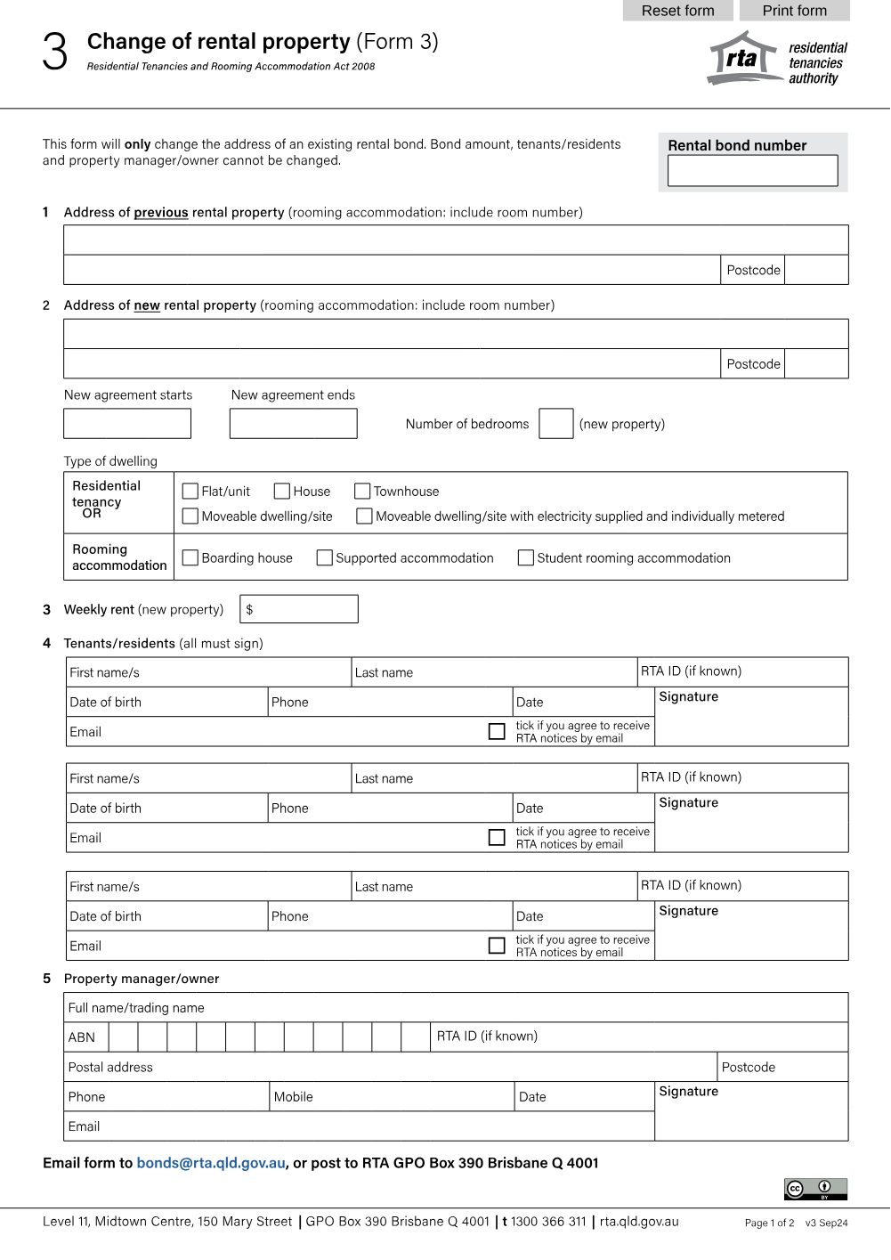 Preview of the first page of Change of rental property (Form 3)