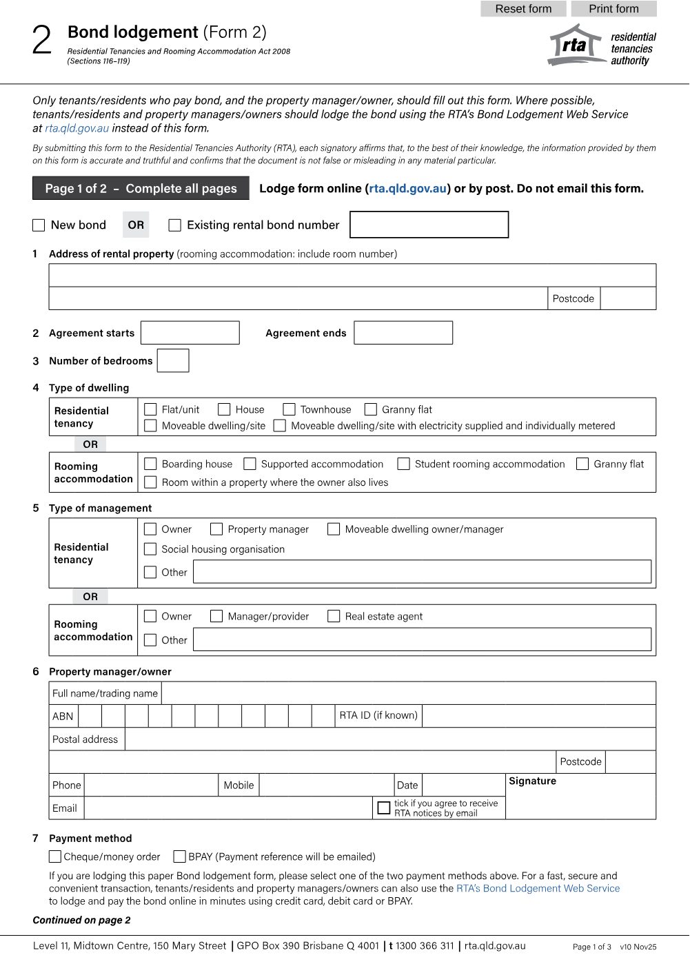 Preview of the first page of Bond lodgement (Form 2)