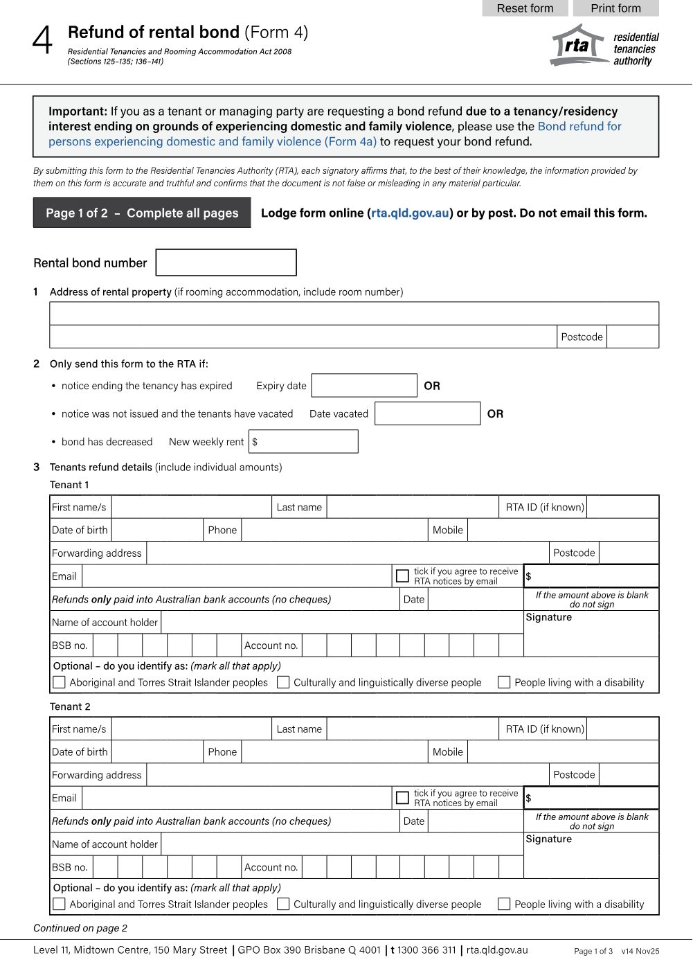 Preview of the first page of Refund of rental bond (Form 4)
