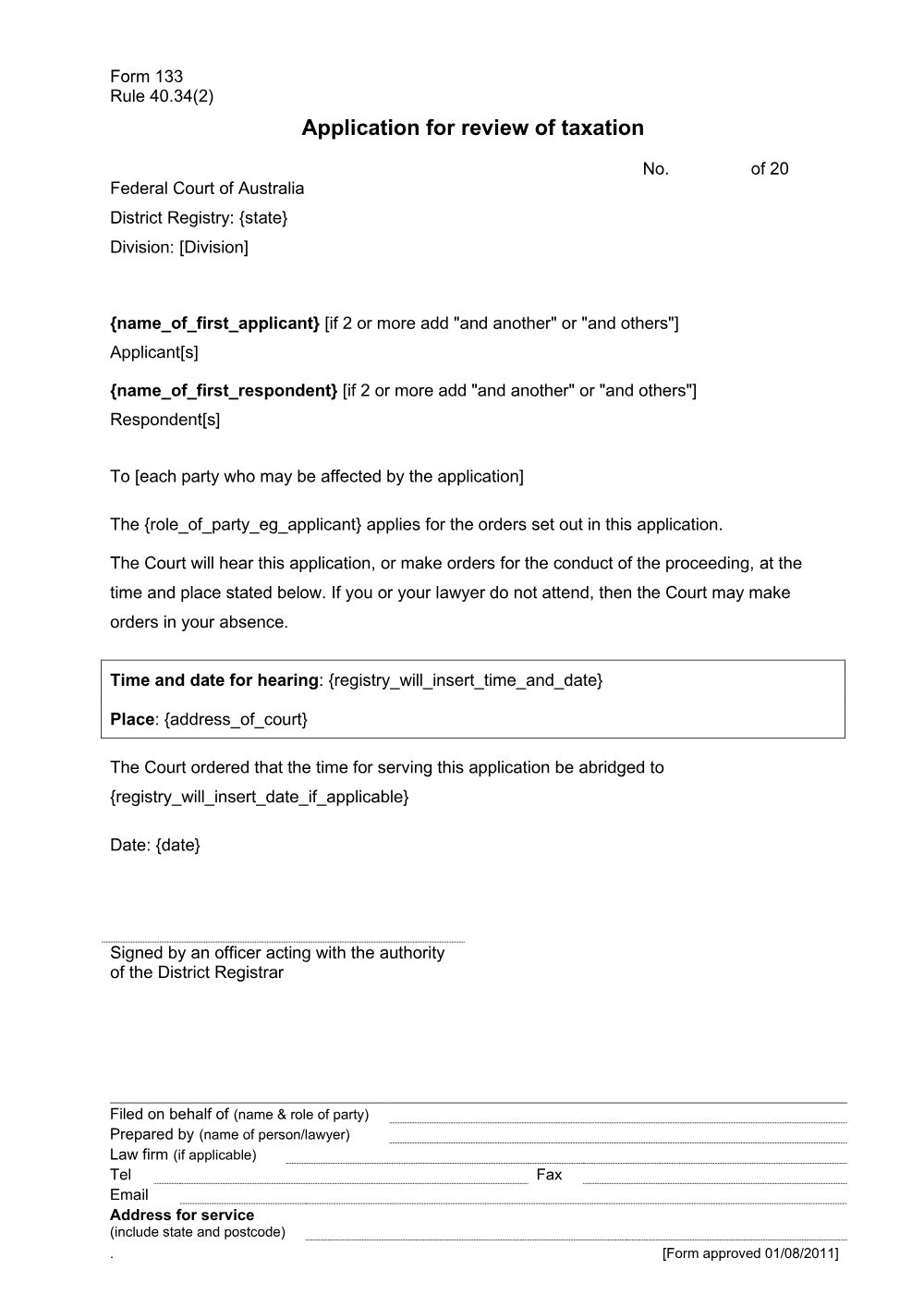 Preview of the first page of Application for review of taxation (Rule 40.34(2)) (Form 133)
