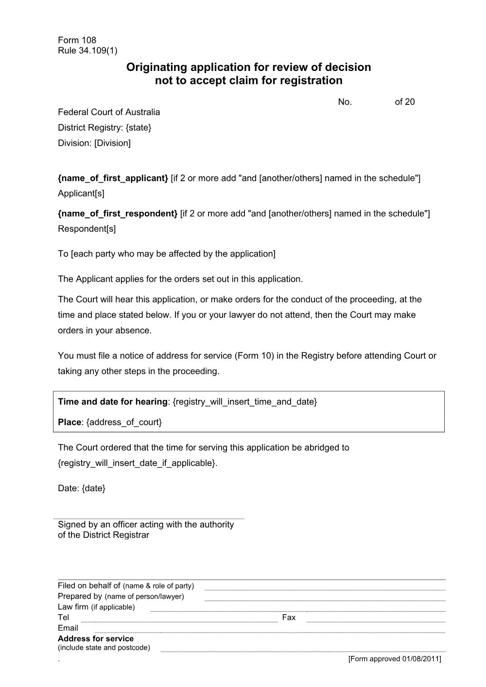 Preview of the first page of Originating application for review of decision not to accept claim for registration (Rule 34.109(1)) (Form 108)