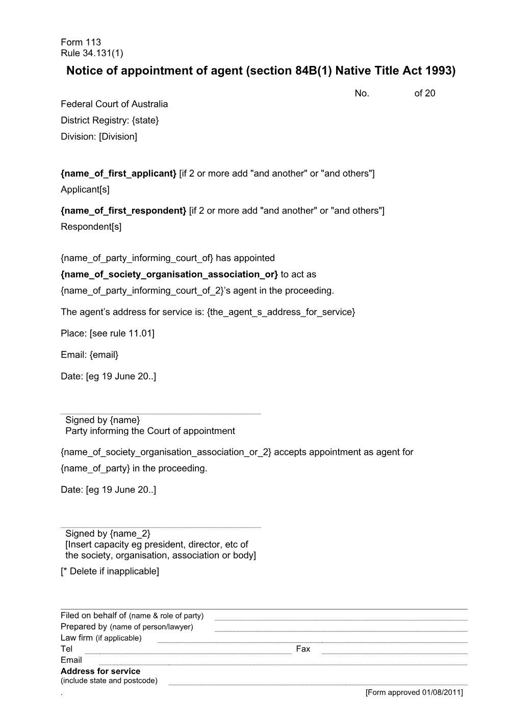 Preview of the first page of Notice of appointment of agent (section 84B(1) Native Title Act 1993) (Rule 34.131(1)) (Form 113)