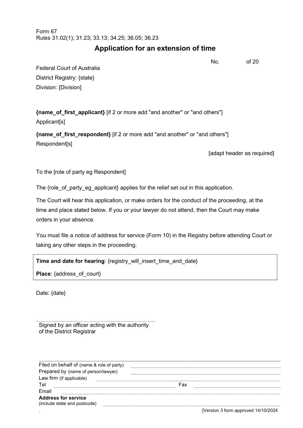 Preview of the first page of Application for an extension of time (Form 67)