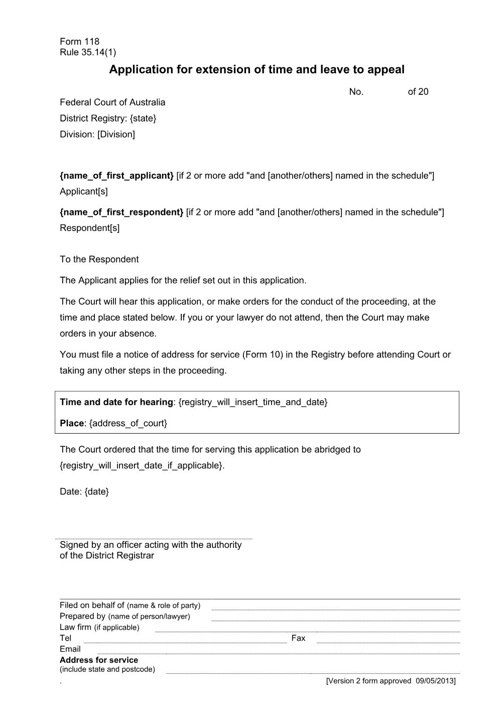 Preview of the first page of Application for extension of time and leave to appeal (Rule 35.14(1)) (Form 118)