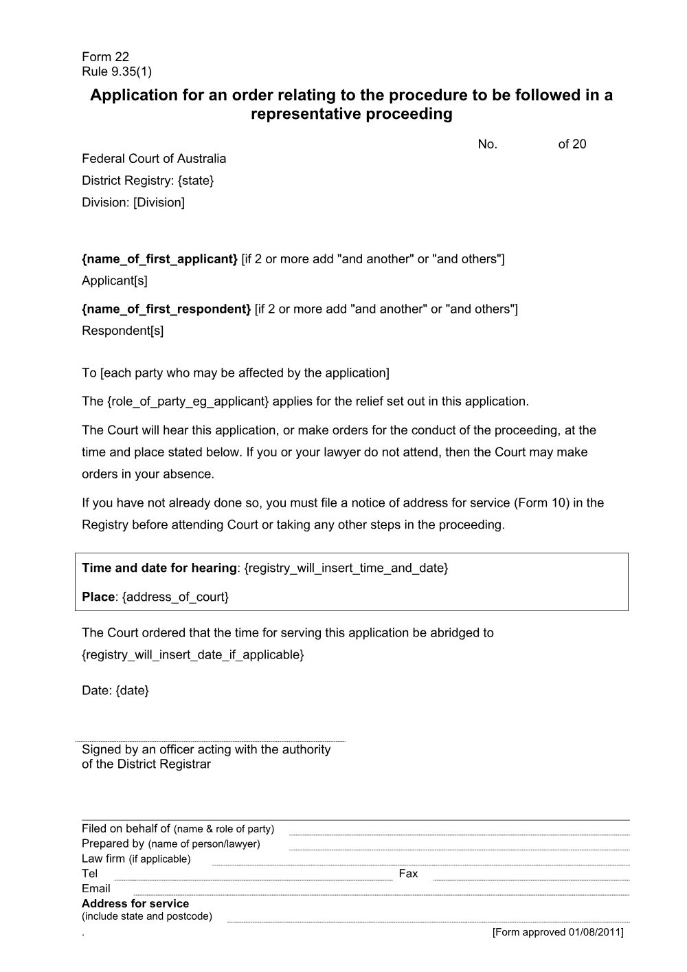 Preview of the first page of Application for an order relating to the procedure to be followed in a representative proceeding (Rule 9.35(1)) (Form 22)