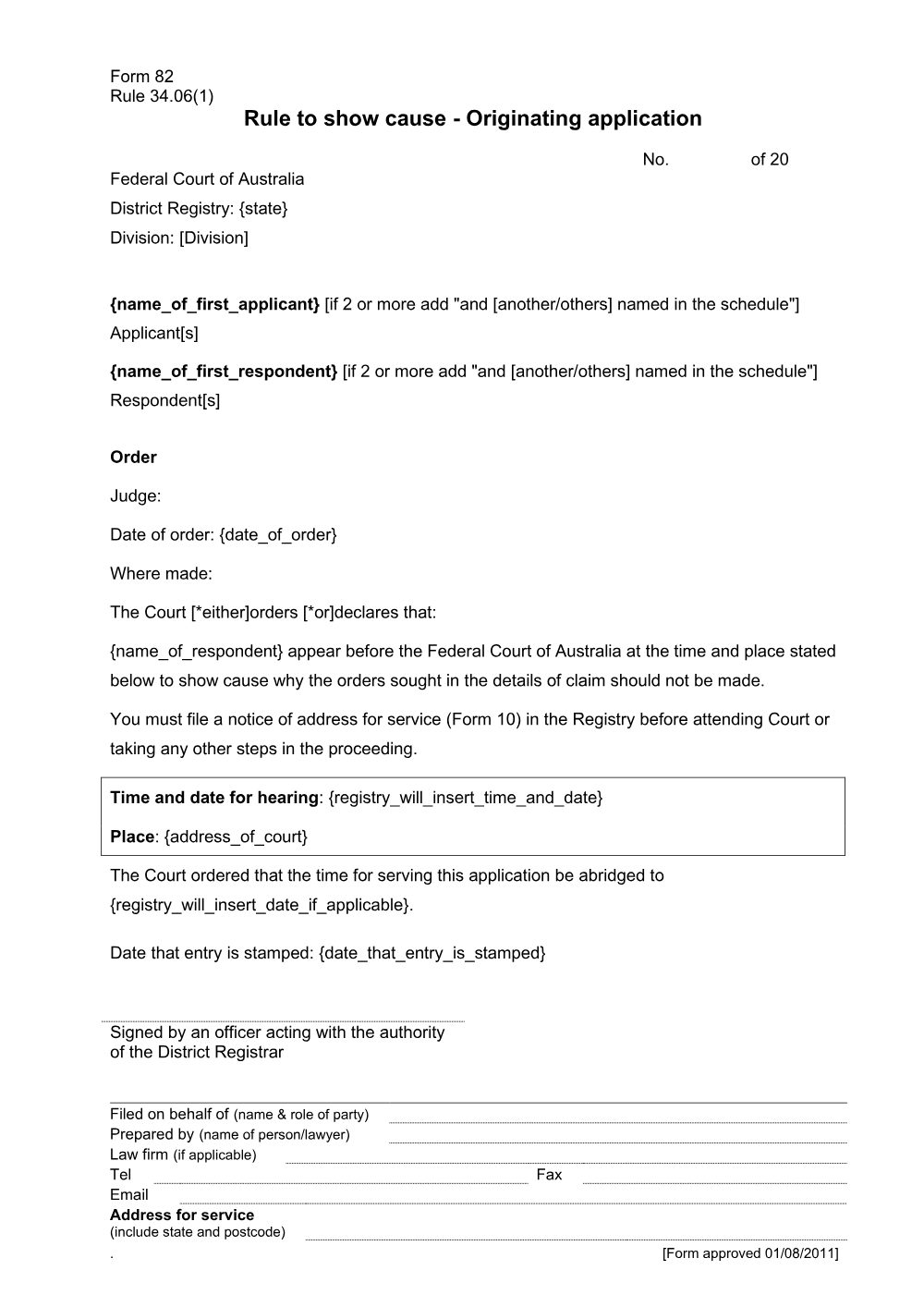 Preview of the first page of Rule to show cause - Originating application (Form 82)