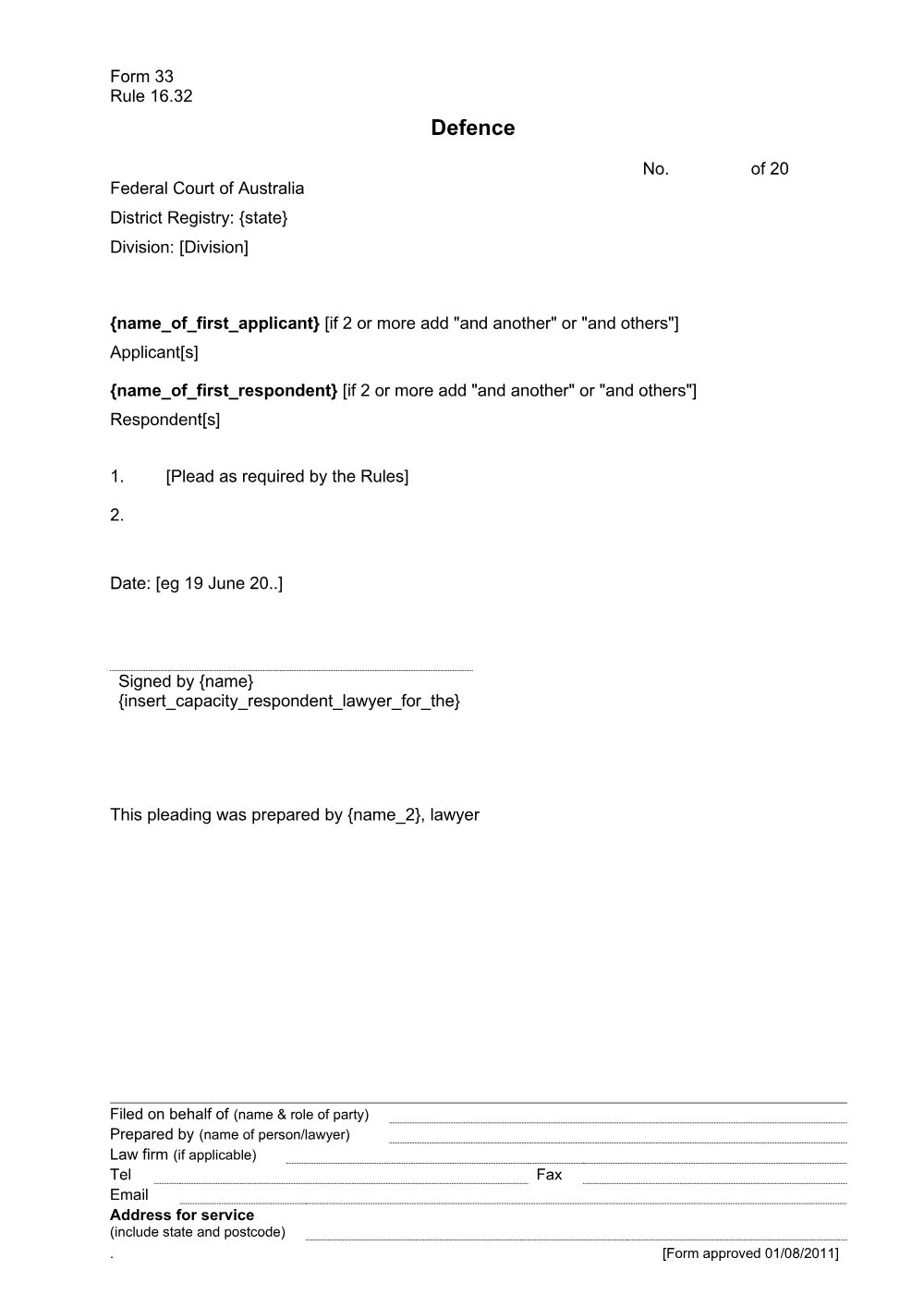 Preview of the first page of Defence (Form 33)