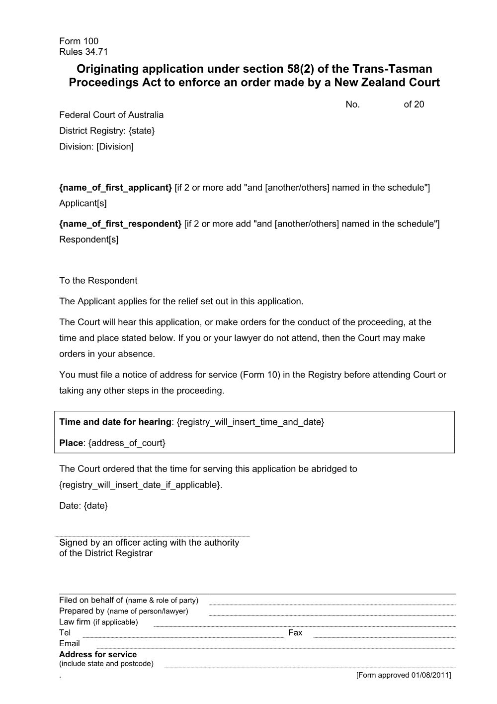 Preview of the first page of Originating application under section 58(2) of the Trans-Tasman Proceedings Act to enforce an order made by a New Zealand Court (Form 100)