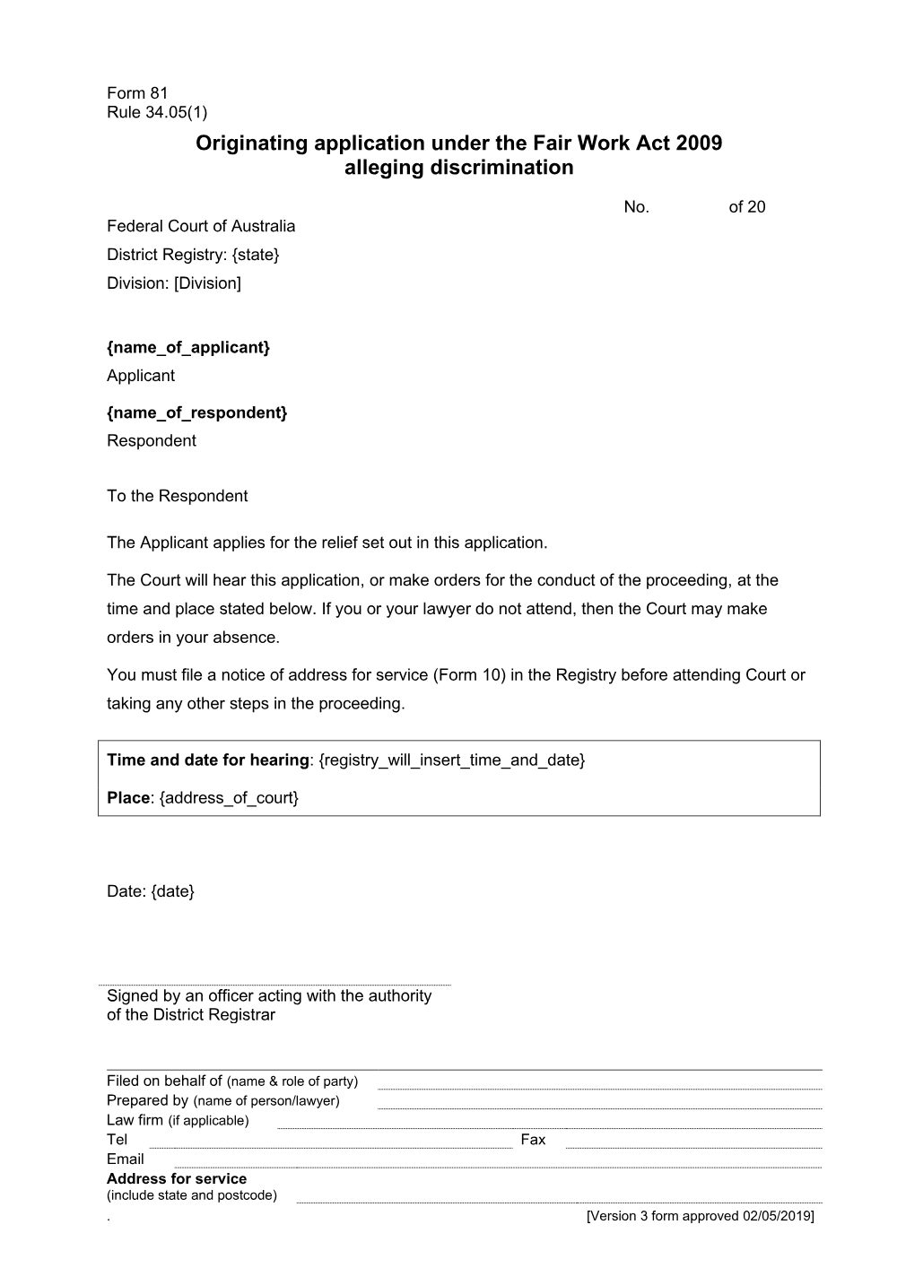 Preview of the first page of Originating application under the Fair Work Act 2009 alleging discrimination (Form 81)