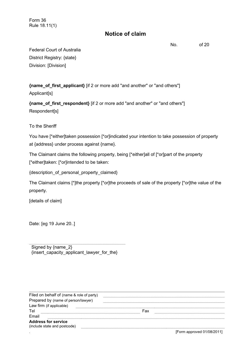 Preview of the first page of Notice of claim (Rule 18.11(1)) (Form 36)